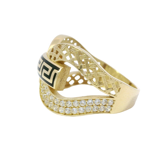 14KT Gold Ring Women's Double Lattice White CZ Stones Lasso with Greek Bar Connector