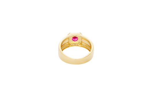 14KT Gold Ring Men's Square Red Round CZ 14KT Gold Men's Ring Square Red Round CZ Center Stone White CZ Stone Border Side Design White CZ Stones Plain Stone White CZ Stone Border Side Design White CZ Stones Plain