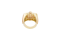 14KT Gold Ring Men's Tri Tone Raised Square/Oval Medusa Portrait with Sunray Background and Corner Design One Green CZ Stone in Each Corner Band Design Double Row White CZ Stone Interlocking Top/Side Cross