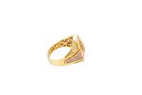 14KT Gold Ring Men's Two Tone Octagon Raised Half Horse Portrait with Horseshoe Frame White CZ Stones Background Plain Border White CZ Stone Band Design White CZ Stones in Raised Triangle Pattern Flanked by Two Smaller White CZ Stone Triangles