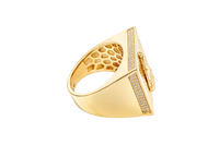 14KT Gold Ring Men's Square Caridad Cobre Plain Border Center with Sunray Background and Double Row White CZ Side Stones Border