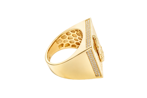 14KT Gold Ring Men's Square Caridad Cobre Plain Border Center with Sunray Background and Double Row White CZ Side Stones Border
