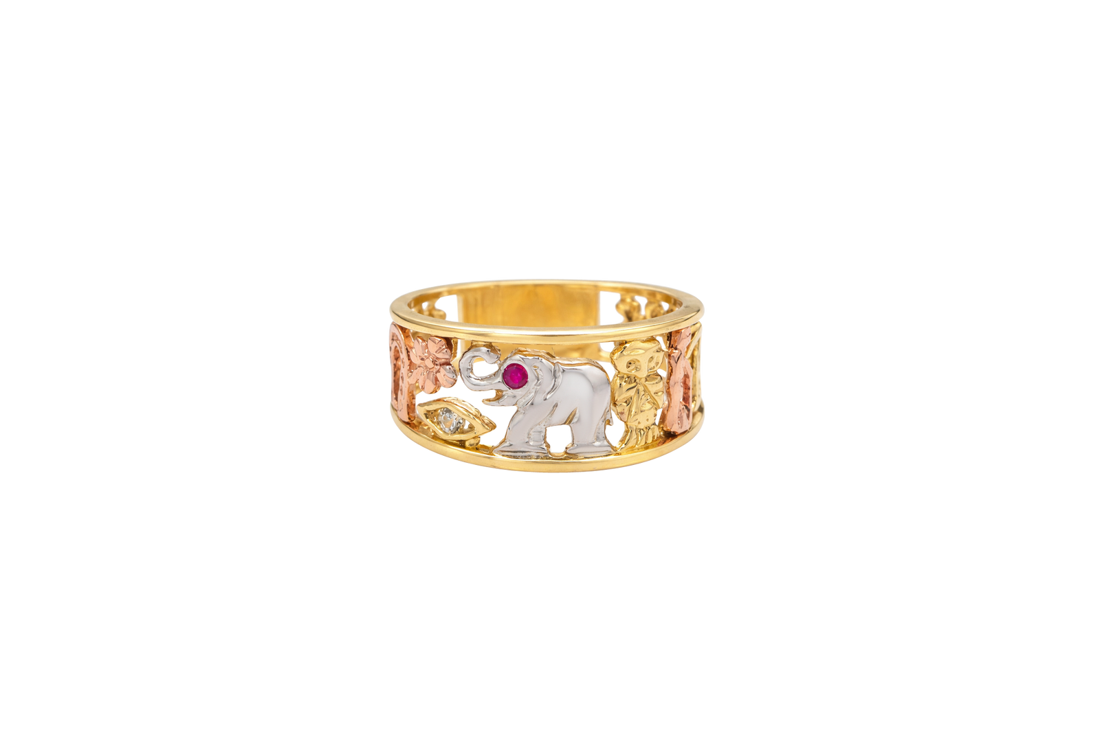 14KT Gold Ring Women's "Good Luck" Tri Tone Open Split Band with Plain Borders Horseshoe Flower CZ Eye Pink Eye Elephant Owl Man