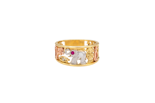 14KT Gold Ring Women's "Good Luck" Tri Tone Open Split Band with Plain Borders Horseshoe Flower CZ Eye Pink Eye Elephant Owl Man