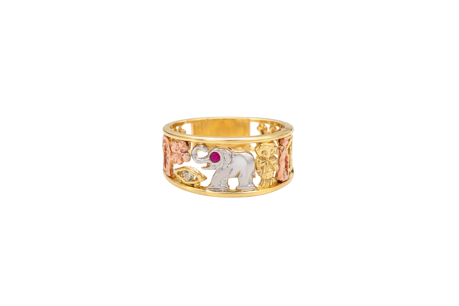 14KT Gold Ring Women's "Good Luck" Tri Tone Open Split Band with Plain Borders Horseshoe Flower CZ Eye Pink Eye Elephant Owl Man