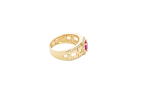 14KT Gold Ring Men's Square Red Round CZ Center Stone White CZ Stone Border Side Design White CZ Stones with Mariner Link