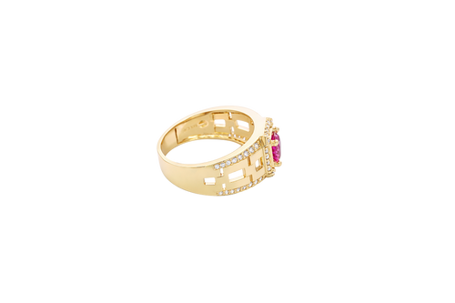 14KT Gold Ring Men's Square Red Round CZ Center Stone White CZ Stone Border Side Design White CZ Stones with Mariner Link