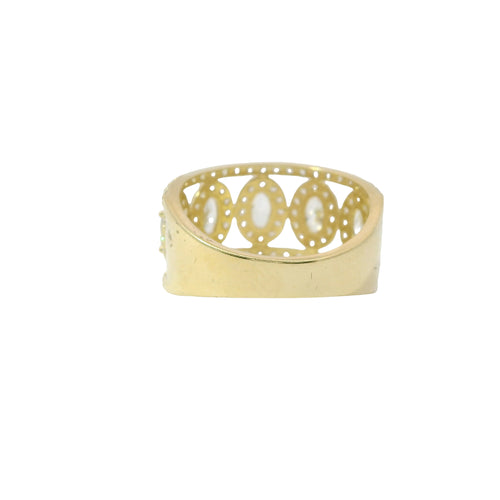 14KT Gold Ring Women's Five White Center Ovals with White Round CZ Stones Border Spit Band