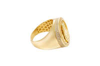 14KT Gold Ring Men's Round Caridad Cobre Greek Border Double Row White CZ Stones Outside Border Plain Band