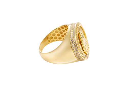 14KT Gold Ring Men's Round Caridad Cobre Greek Border Double Row White CZ Stones Outside Border Plain Band