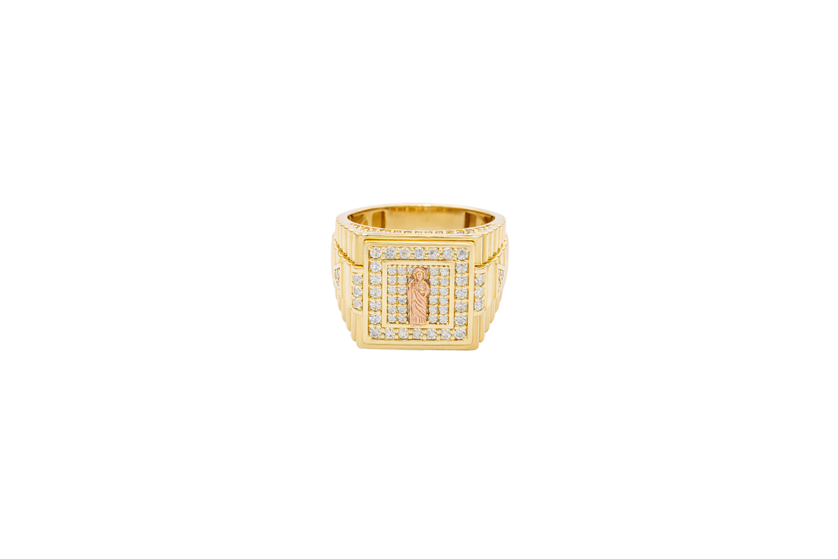 14KT Gold Ring Men's Two Tone Square St. Jude White CZ Stone Border with White CZ Stone Top/Side and Side Band Ridged Watch Design