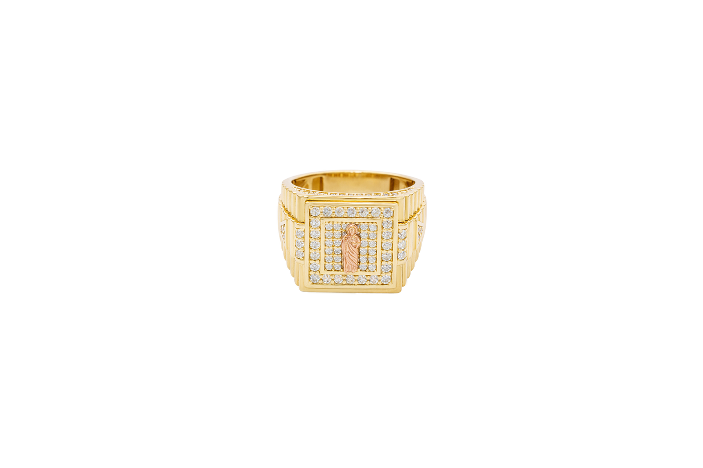 14KT Gold Ring Men's Two Tone Square St. Jude White CZ Stone Border with White CZ Stone Top/Side and Side Band Ridged Watch Design