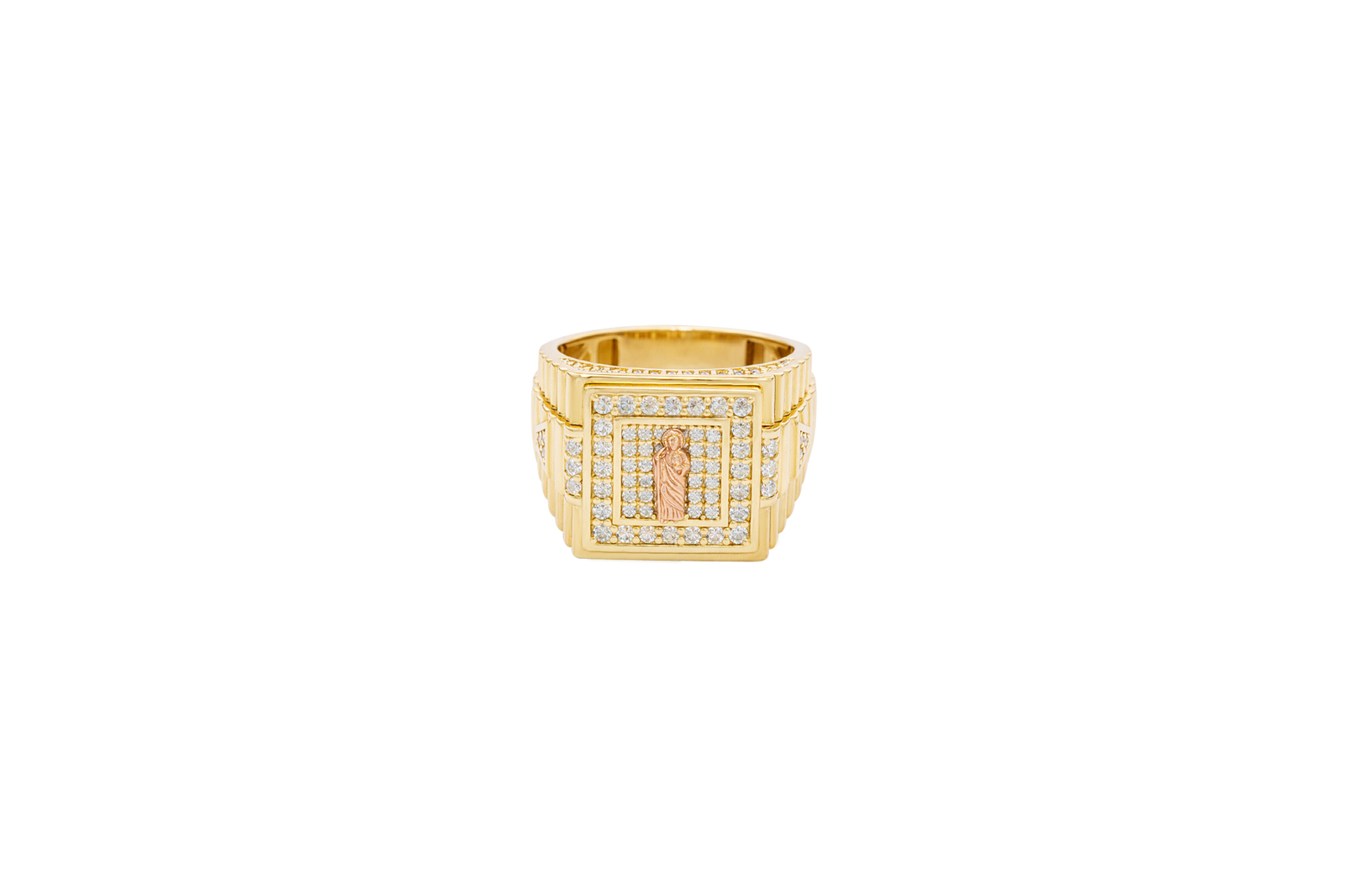 14KT Gold Ring Men's Two Tone Square St. Jude White CZ Stone Border with White CZ Stone Top/Side and Side Band Ridged Watch Design