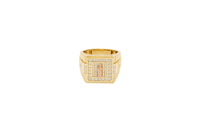 14KT Gold Ring Men's Two Tone Square St. Jude White CZ Stone Border with White CZ Stone Top/Side and Side Band Ridged Watch Design