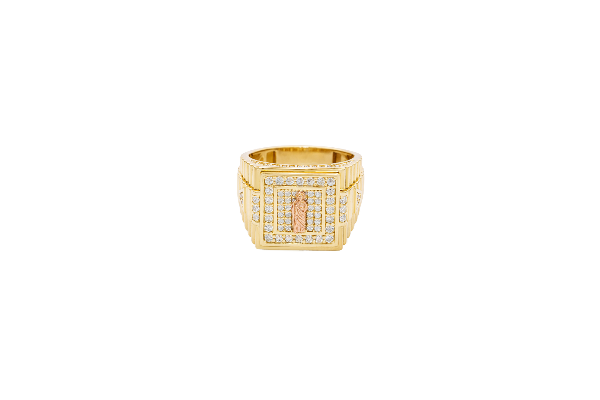 14KT Gold Ring Men's Two Tone Square St. Jude White CZ Stone Border with White CZ Stone Top/Side and Side Band Ridged Watch Design