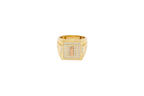 14KT Gold Ring Men's Two Tone Square St. Jude White CZ Stone Border with White CZ Stone Top/Side and Side Band Ridged Watch Design