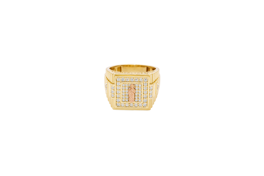14KT Gold Ring Men's Two Tone Square St. Jude White CZ Stone Border with White CZ Stone Top/Side and Side Band Ridged Watch Design