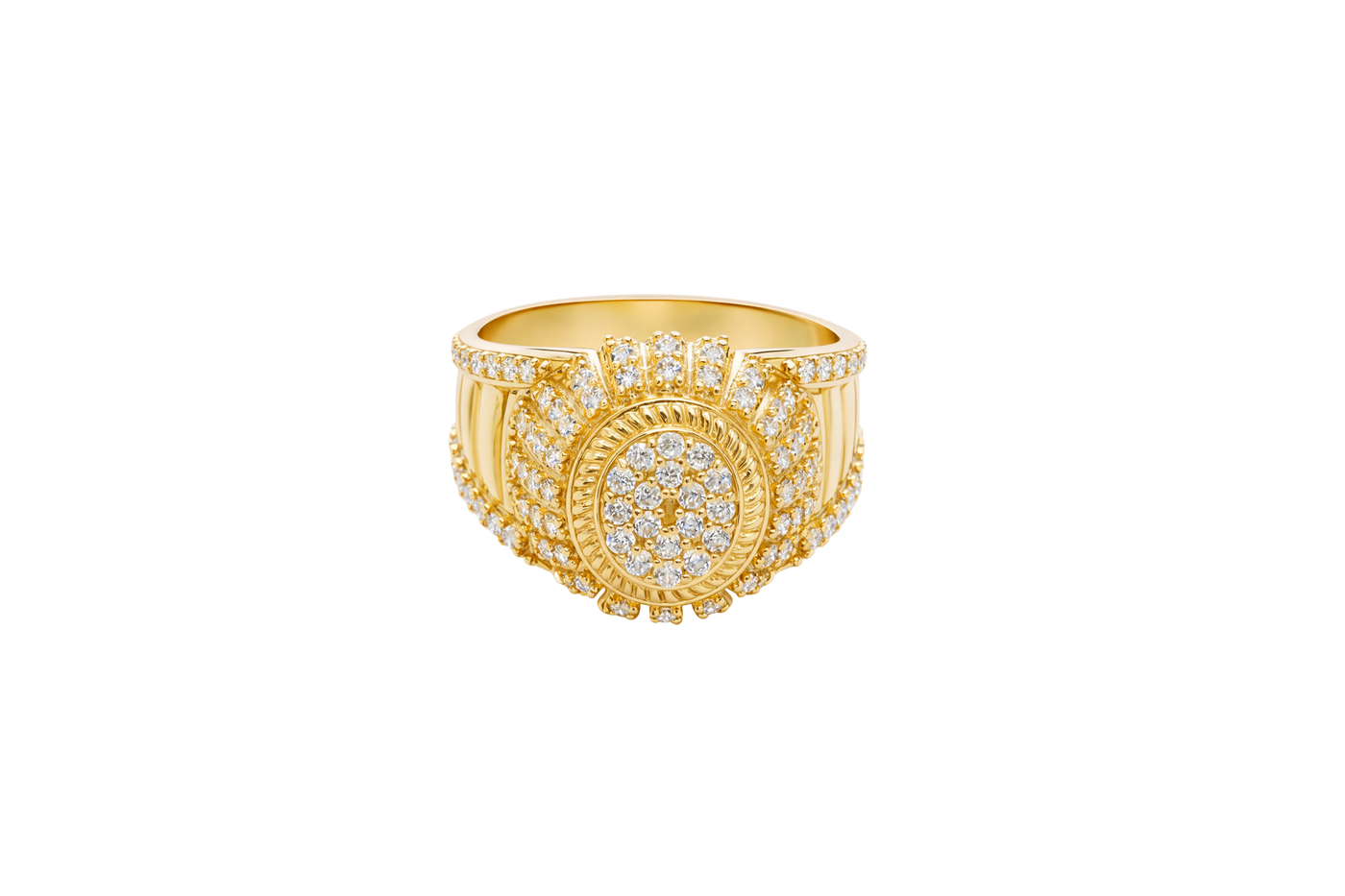 14KT Gold Ring Men's Oval 20 White CZ Stones Cluster Center with Plain Ribbed Border and Double Row White CZ Stones Sunray Pattern Border Side Design Single Row White CZ Stones Edge with Four Plain Ribbed Bars in Center