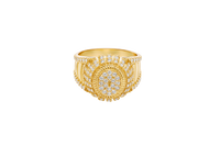14KT Gold Ring Men's Oval 20 White CZ Stones Cluster Center with Plain Ribbed Border and Double Row White CZ Stones Sunray Pattern Border Side Design Single Row White CZ Stones Edge with Four Plain Ribbed Bars in Center