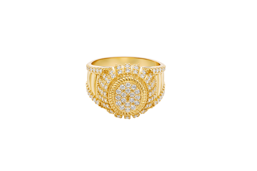 14KT Gold Ring Men's Oval 20 White CZ Stones Cluster Center with Plain Ribbed Border and Double Row White CZ Stones Sunray Pattern Border Side Design Single Row White CZ Stones Edge with Four Plain Ribbed Bars in Center