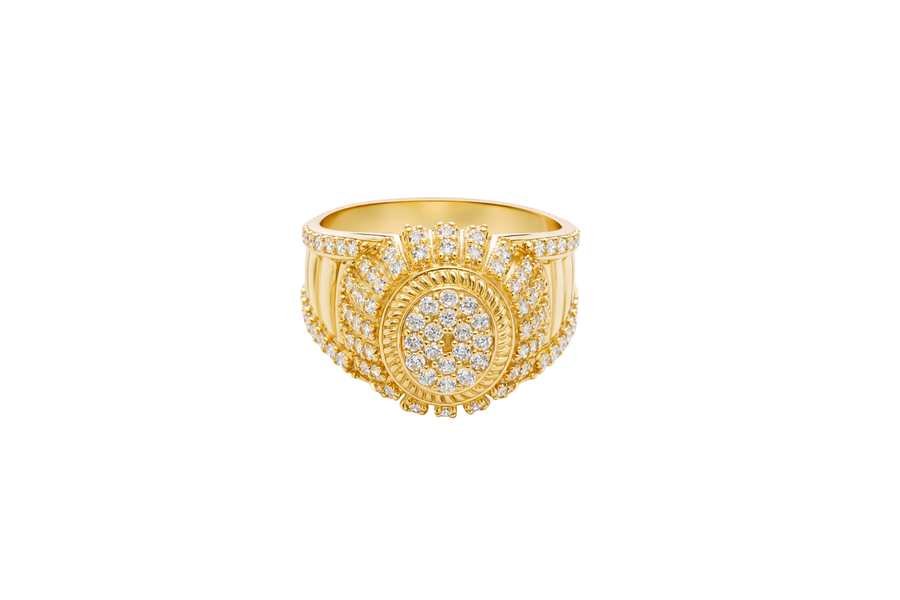 14KT Gold Ring Men's Oval 20 White CZ Stones Cluster Center with Plain Ribbed Border and Double Row White CZ Stones Sunray Pattern Border Side Design Single Row White CZ Stones Edge with Four Plain Ribbed Bars in Center
