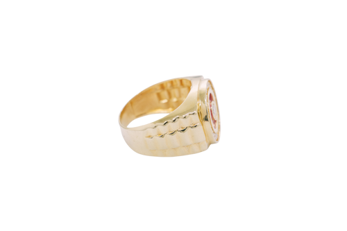 14KT Gold Ring Men's Mini Round White CZ Center Stone Plain Border on Red Onyx Background with White CZ Stones Border Side Design Jubilee