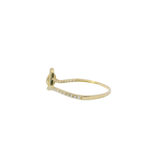14KT Gold Ring Women's Light Weight Tilted Open White CZ Stones Heart Outline with Plain Heart Center and White CZ Stones Band