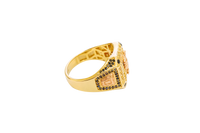 14KT Gold Ring Men's Square Two Tone Scorpion Center with White CZ Stone Border Black CZ Corner Stones with Side Design Black / Gold Greek Style Square with Black CZ Stone Border Around a Raised Arrow on Each Side