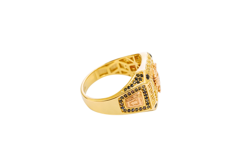 14KT Gold Ring Men's Square Two Tone Scorpion Center with White CZ Stone Border Black CZ Corner Stones with Side Design Black / Gold Greek Style Square with Black CZ Stone Border Around a Raised Arrow on Each Side