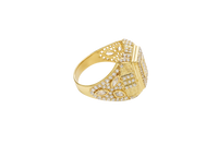 14KT Gold Ring Men's Rectangle Raised White CZ Center Stone Plain Border White CZ Stone Head Plain Border Shank Design Triple Row Stones Above Marquise Flower Shape Stones Plain Border CZ Stone Galaxy Pattern