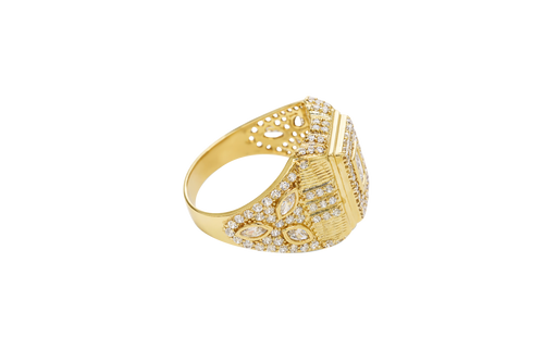 14KT Gold Ring Men's Rectangle Raised White CZ Center Stone Plain Border White CZ Stone Head Plain Border Shank Design Triple Row Stones Above Marquise Flower Shape Stones Plain Border CZ Stone Galaxy Pattern