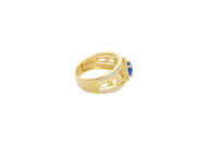 14KT Gold Ring Men's Round Blue CZ Stone Hexagon White CZ Stones Border with Side Design White CZ Stones/ Cuban Link Design