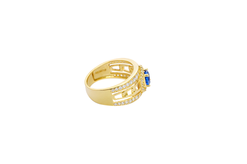 14KT Gold Ring Men's Round Blue CZ Stone Hexagon White CZ Stones Border with Side Design White CZ Stones/ Cuban Link Design