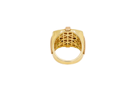14KT Gold Ring Men's Two Tone Square Shape Oval Horse Head Portrait with Sunray Background and Corner Design One Green CZ Stone Shank Design Double Row White CZ Stone Interlocking Top/Side Cross