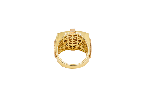 14KT Gold Ring Men's Two Tone Square Shape Oval Horse Head Portrait with Sunray Background and Corner Design One Green CZ Stone Shank Design Double Row White CZ Stone Interlocking Top/Side Cross