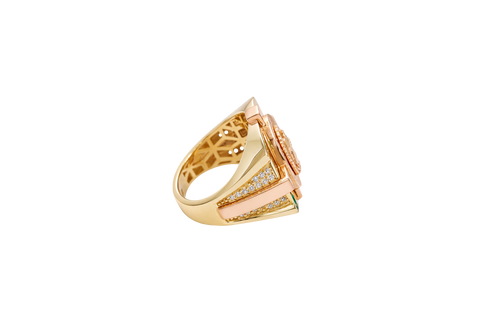 14KT Gold Ring Men's Square Raised Two Tone Oval Virgin Mary with Sunray Background and Corner Design One Green CZ Stone Shank Design Double Row White CZ Stone Interlocking Top/Side Cross