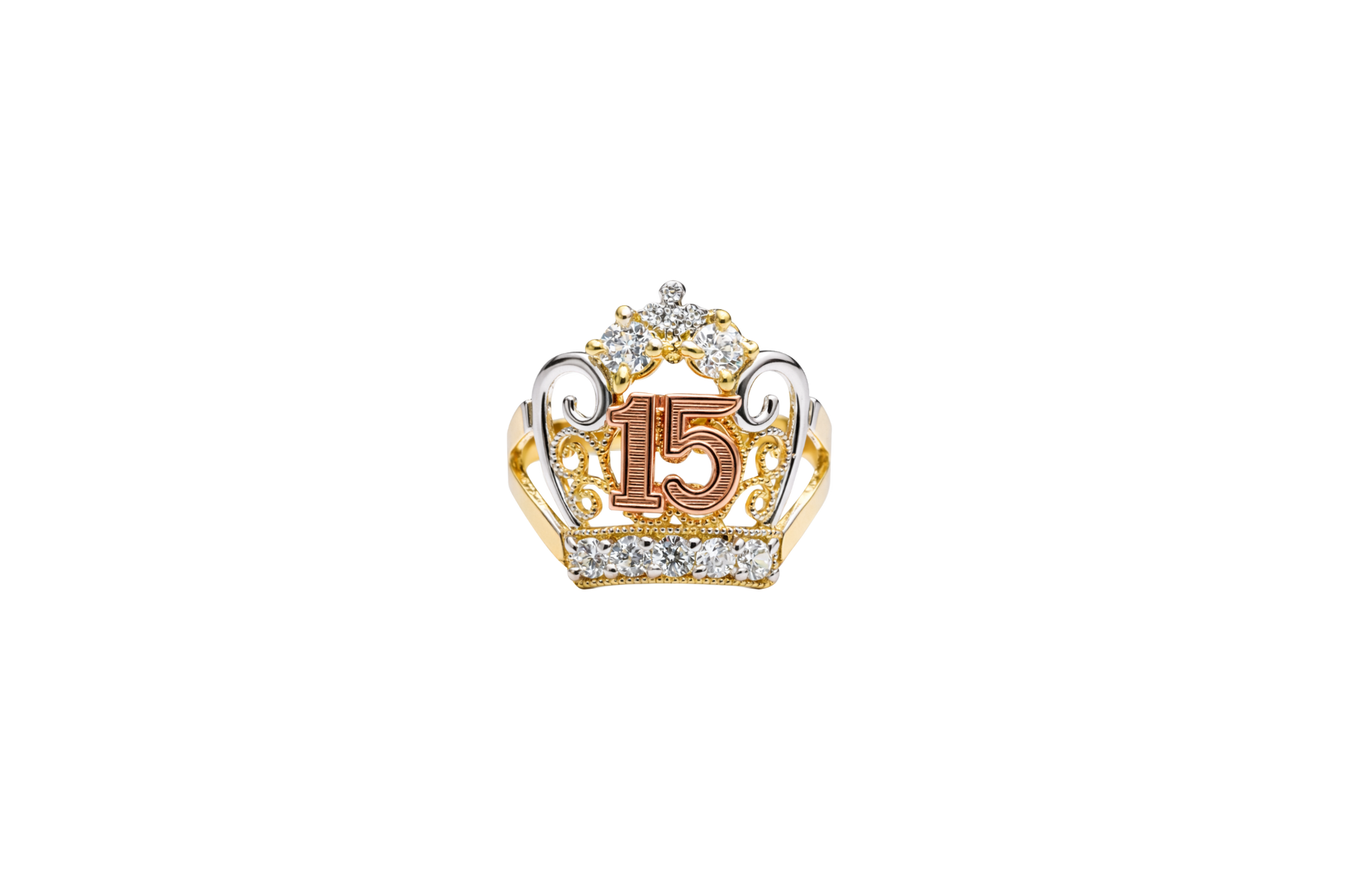 14KT Gold Ring Women's Tri Tone "15" Quinceanera Tiara with Two Round White CZ Stones on Top and Five Round White CZ Stones on Tiara Band Plain Split Band