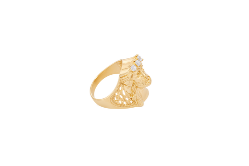 14KT Gold Ring Men's Jesus Head Three White Round CZ Stones Crown Side Design 10 Gallery Hole