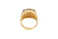 14KT Men's Ring Gold Round Virgin Mary Coin Brushed Finish Background with White CZ Stones Border and Black / Gold Greek Style Design Around the Border and Each Side of Band