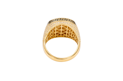 14KT Men's Ring Gold Round Virgin Mary Coin Brushed Finish Background with White CZ Stones Border and Black / Gold Greek Style Design Around the Border and Each Side of Band