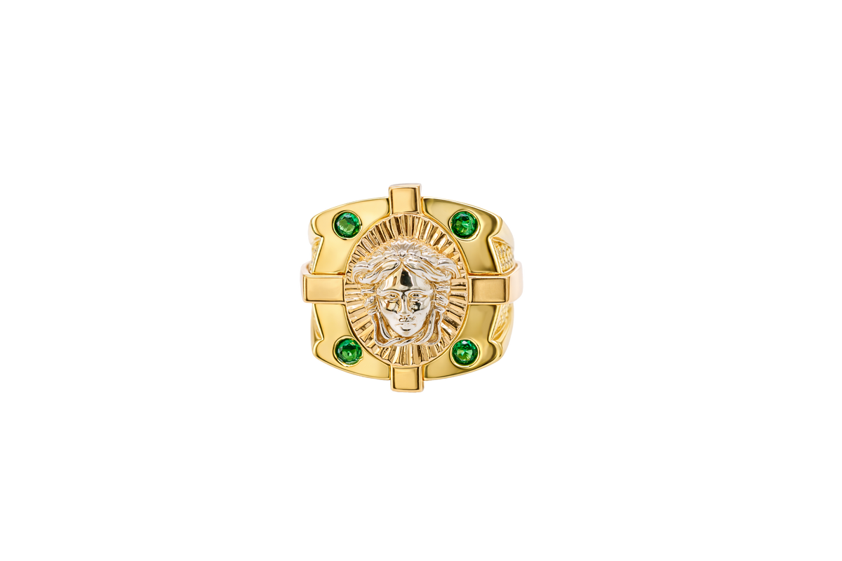 14KT Gold Ring Men's Tri Tone Raised Square/Oval Medusa Portrait with Sunray Background and Corner Design One Green CZ Stone in Each Corner Band Design Double Row White CZ Stone Interlocking Top/Side Cross