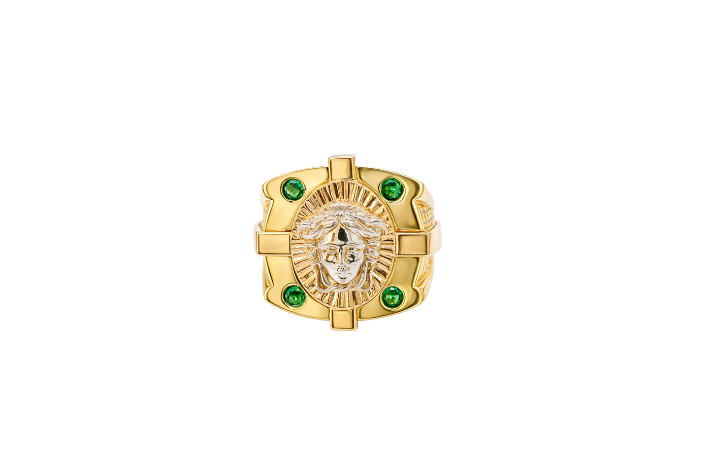 14KT Gold Ring Men's Tri Tone Raised Square/Oval Medusa Portrait with Sunray Background and Corner Design One Green CZ Stone in Each Corner Band Design Double Row White CZ Stone Interlocking Top/Side Cross