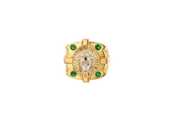 14KT Gold Ring Men's Tri Tone Raised Square/Oval Medusa Portrait with Sunray Background and Corner Design One Green CZ Stone in Each Corner Band Design Double Row White CZ Stone Interlocking Top/Side Cross