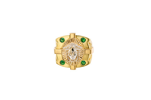 14KT Gold Ring Men's Tri Tone Raised Square/Oval Medusa Portrait with Sunray Background and Corner Design One Green CZ Stone in Each Corner Band Design Double Row White CZ Stone Interlocking Top/Side Cross