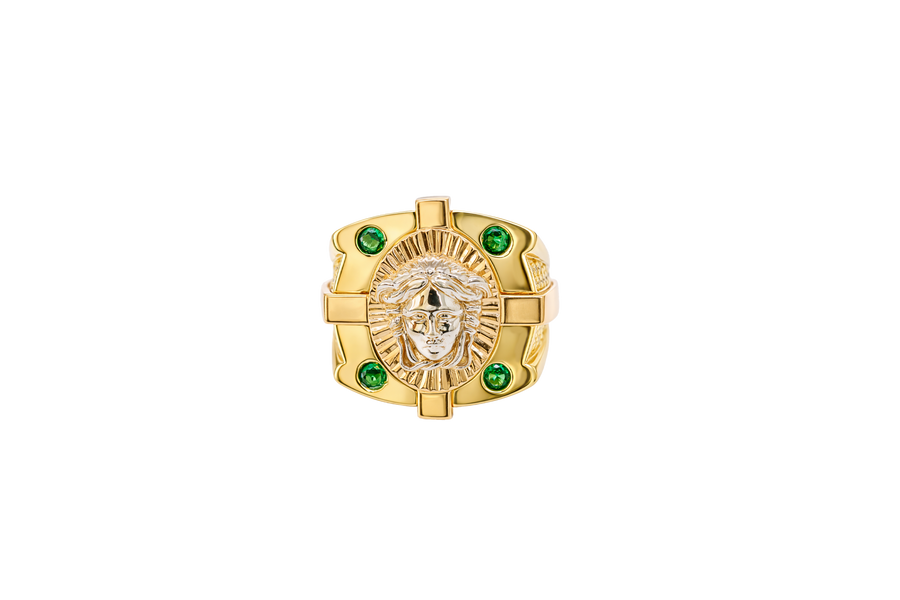 14KT Gold Ring Men's Tri Tone Raised Square/Oval Medusa Portrait with Sunray Background and Corner Design One Green CZ Stone in Each Corner Band Design Double Row White CZ Stone Interlocking Top/Side Cross
