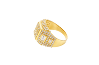 14KT Gold Ring Men's Square Seven Row White CZ Stone Platform Center Diamond Shape Raised Center Stone with Plain Border Band Design Two Baguette Stones Plain Border with White CZ Stone Background