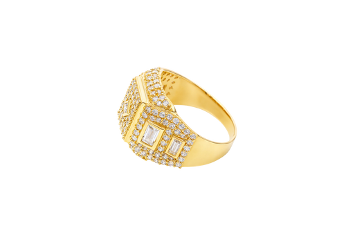 14KT Gold Ring Men's Square Seven Row White CZ Stone Platform Center Diamond Shape Raised Center Stone with Plain Border Band Design Two Baguette Stones Plain Border with White CZ Stone Background