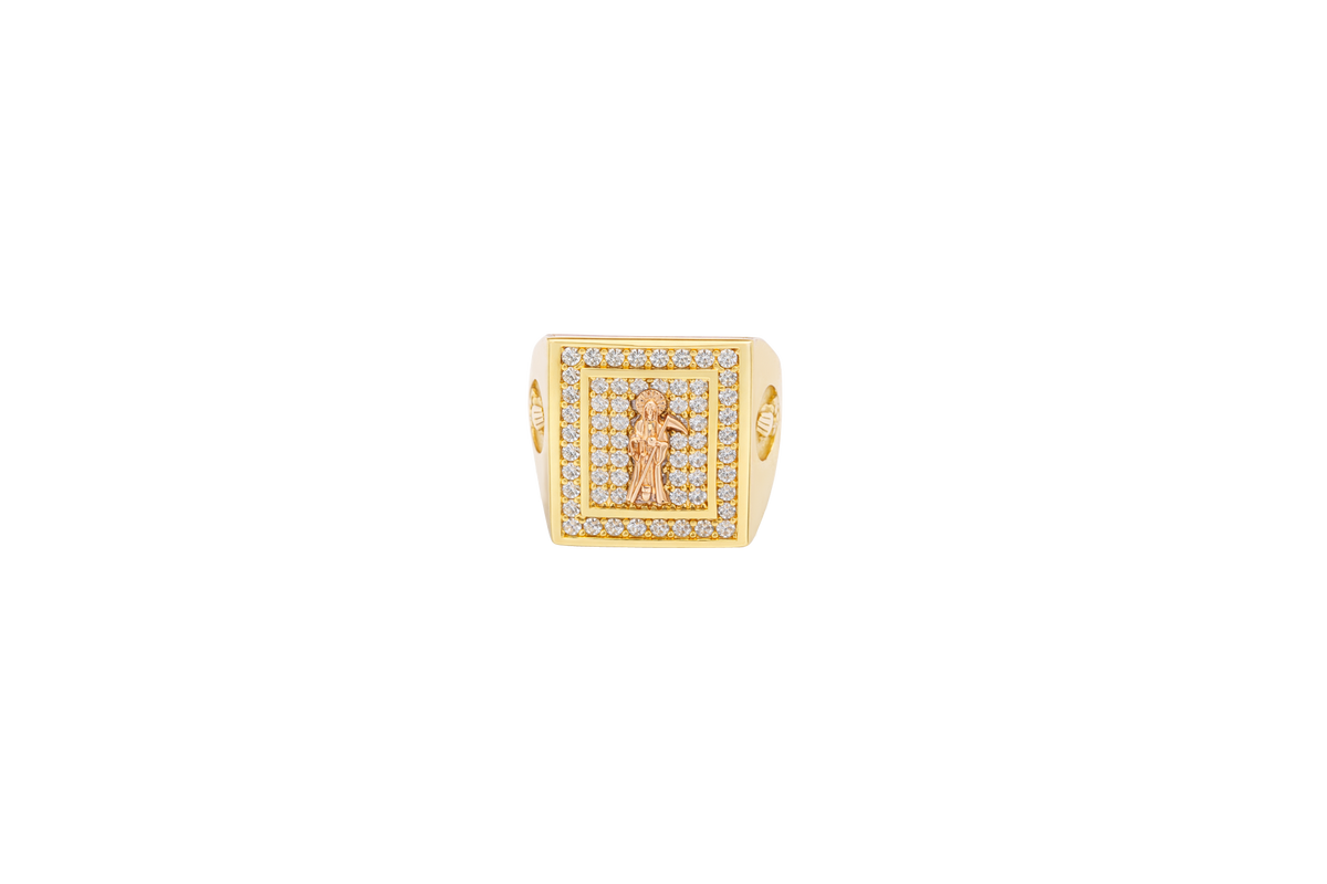 14KT Gold Ring Men's Two Tone Rectangle Standing Santa Muerte White CZ Top Border Side Design Praying Hands