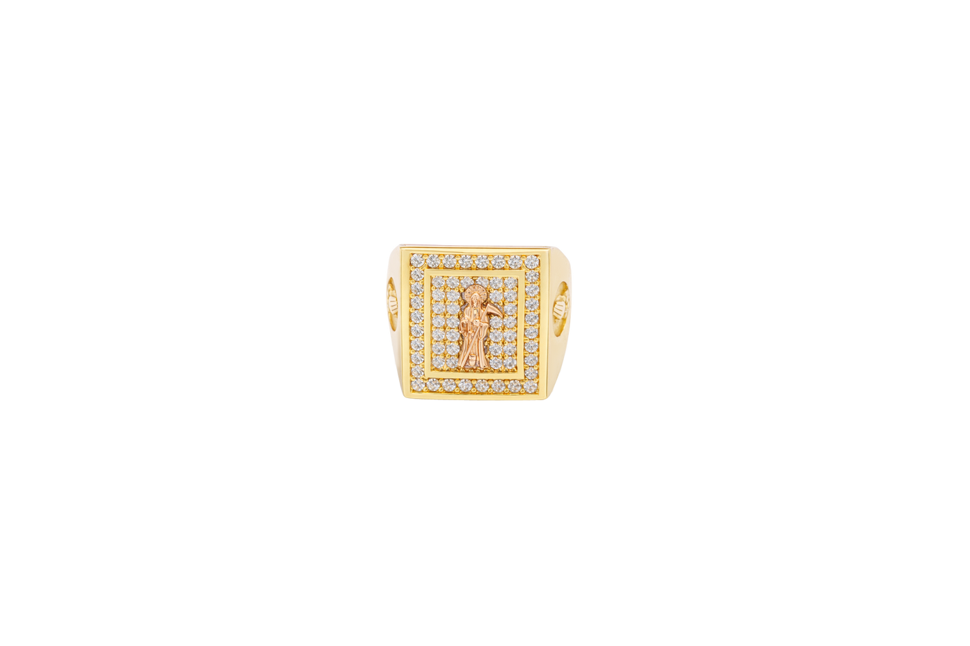 14KT Gold Ring Men's Two Tone Rectangle Standing Santa Muerte White CZ Top Border Side Design Praying Hands
