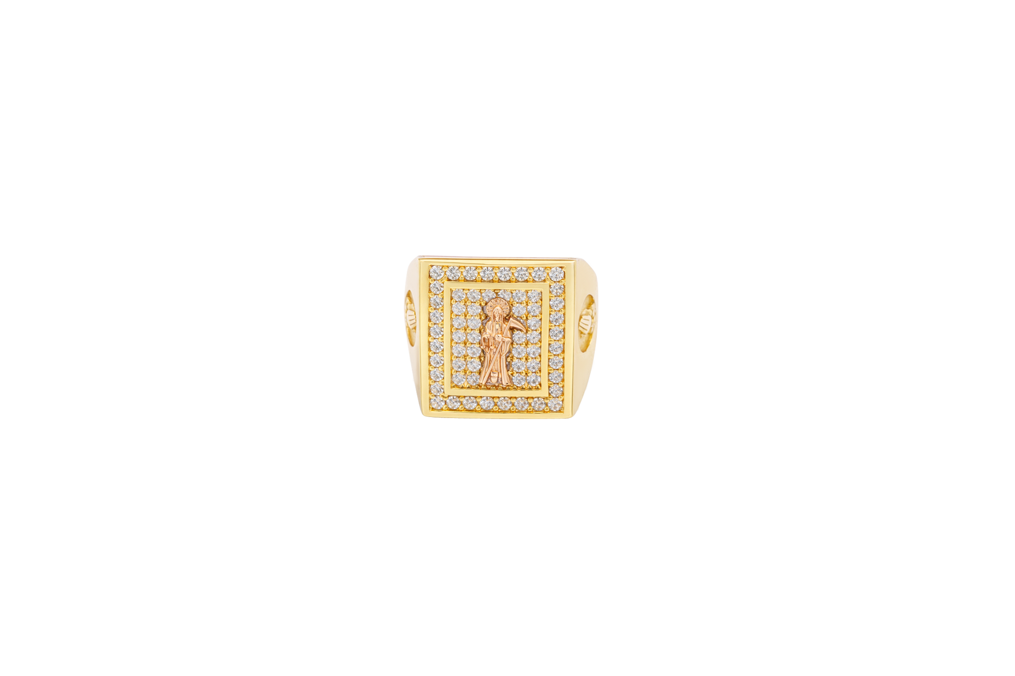 14KT Gold Ring Men's Two Tone Rectangle Standing Santa Muerte White CZ Top Border Side Design Praying Hands